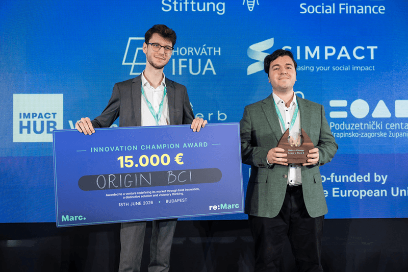 Origin BCI team holding the Innovation Champion Award at re:Mark 2026 in Budapest